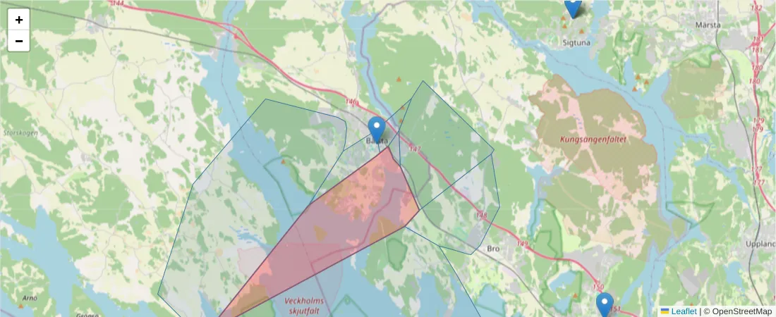 Karta över postnummerområdet  och angränsande postnummer i Sverige