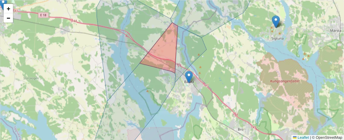 Karta över postnummerområdet  och angränsande postnummer i Sverige