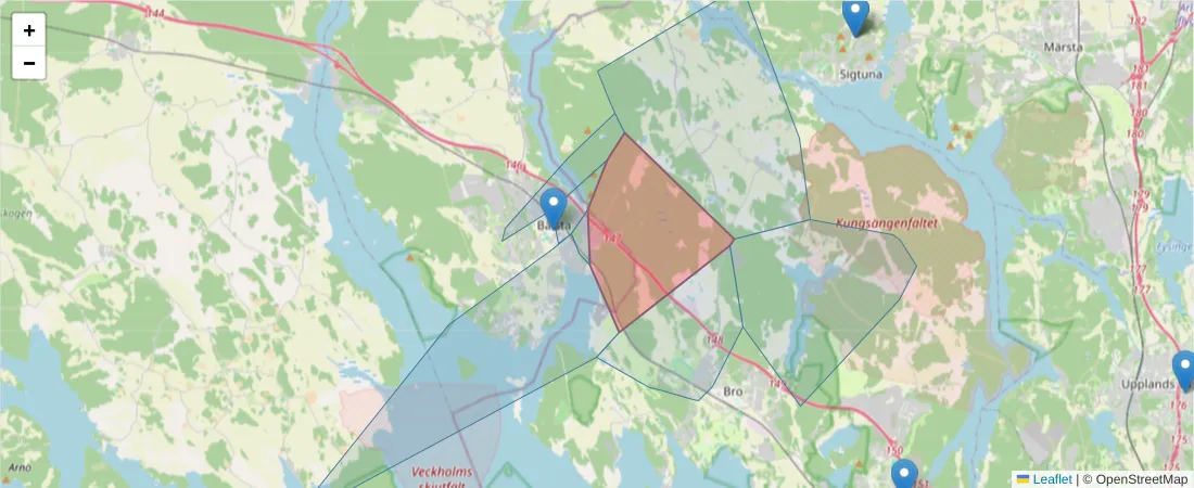 Karta över postnummerområdet  och angränsande postnummer i Sverige