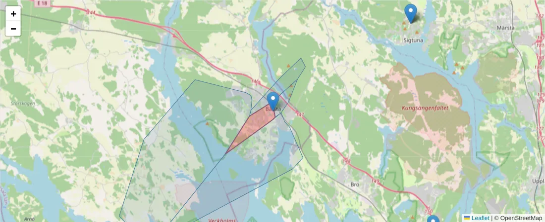 Karta över postnummerområdet  och angränsande postnummer i Sverige