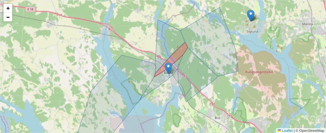 Karta över postnummerområdet  och angränsande postnummer i Sverige