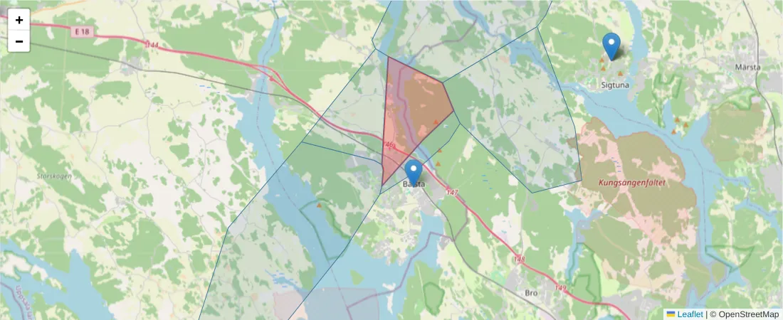 Karta över postnummerområdet  och angränsande postnummer i Sverige