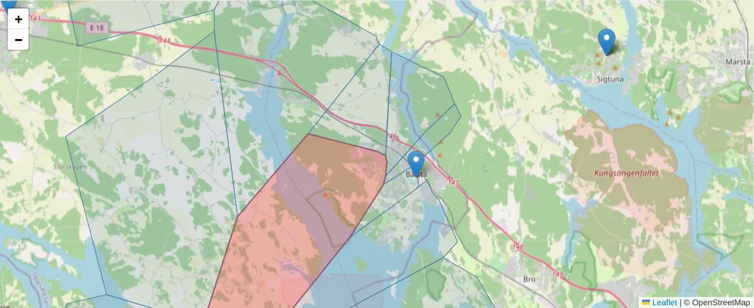 Karta över postnummerområdet  och angränsande postnummer i Sverige