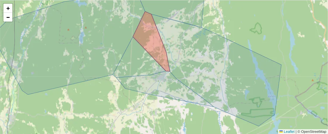 Karta över postnummerområdet  och angränsande postnummer i Sverige