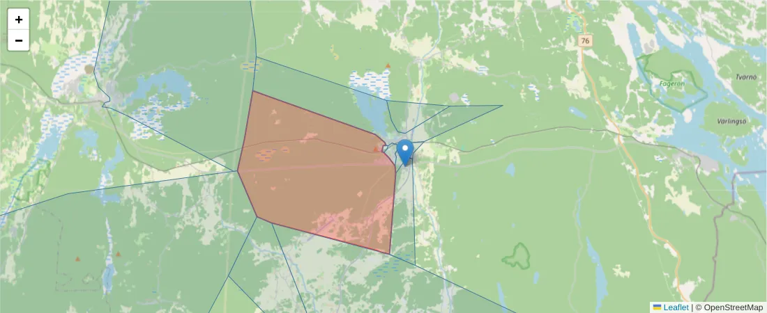 Karta över postnummerområdet  och angränsande postnummer i Sverige