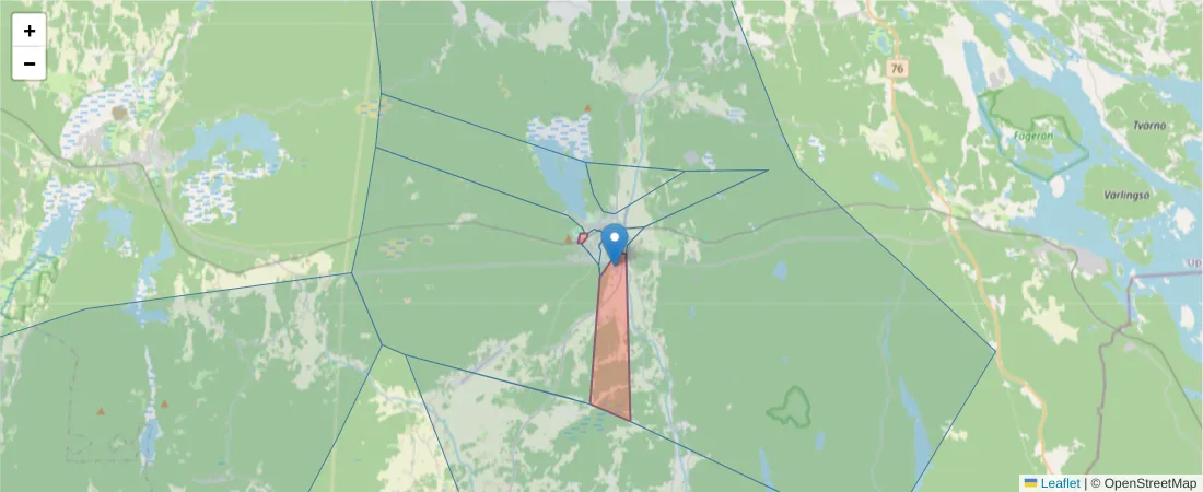 Karta över postnummerområdet  och angränsande postnummer i Sverige