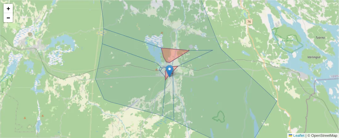 Karta över postnummerområdet  och angränsande postnummer i Sverige