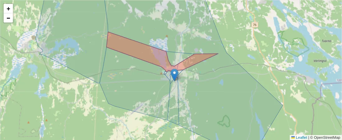 Karta över postnummerområdet  och angränsande postnummer i Sverige