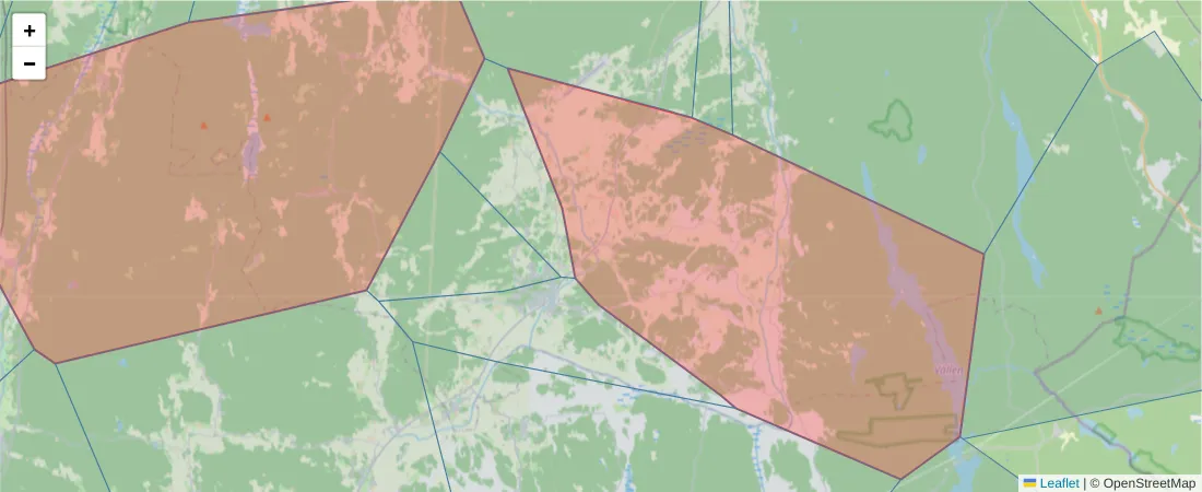 Karta över postnummerområdet  och angränsande postnummer i Sverige