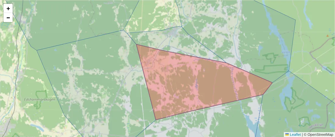 Karta över postnummerområdet  och angränsande postnummer i Sverige