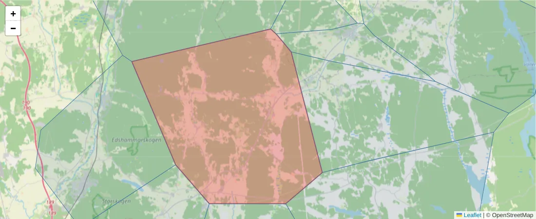 Karta över postnummerområdet  och angränsande postnummer i Sverige
