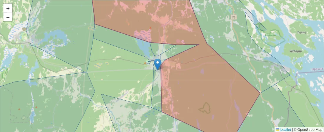 Karta över postnummerområdet  och angränsande postnummer i Sverige