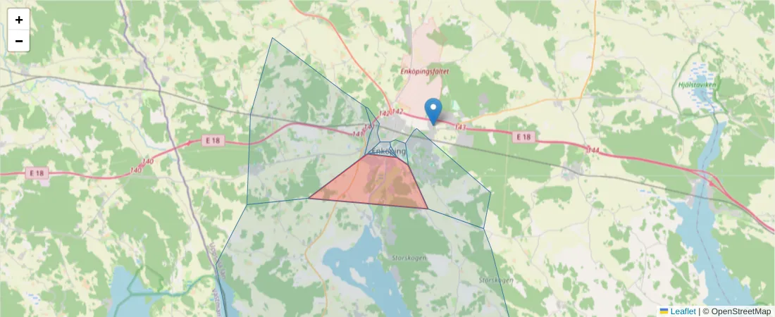 Karta över postnummerområdet  och angränsande postnummer i Sverige