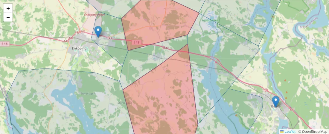 Karta över postnummerområdet  och angränsande postnummer i Sverige