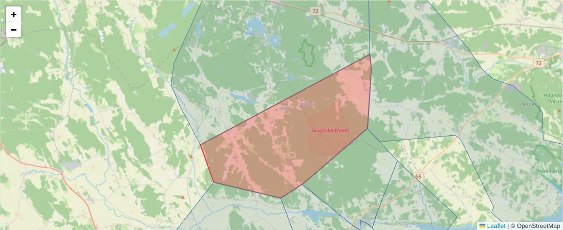 Karta över postnummerområdet  och angränsande postnummer i Sverige