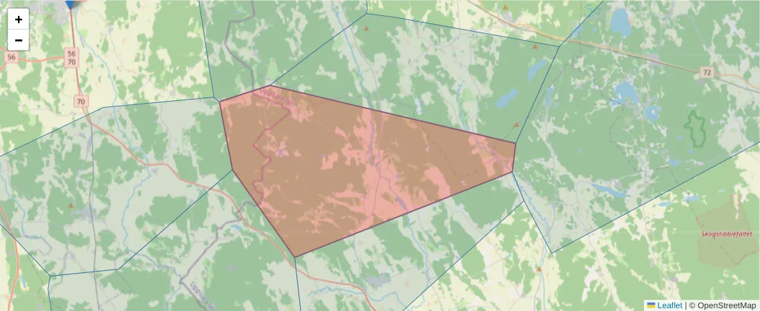 Karta över postnummerområdet  och angränsande postnummer i Sverige
