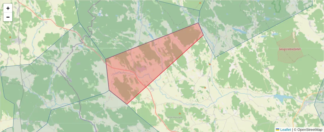 Karta över postnummerområdet  och angränsande postnummer i Sverige