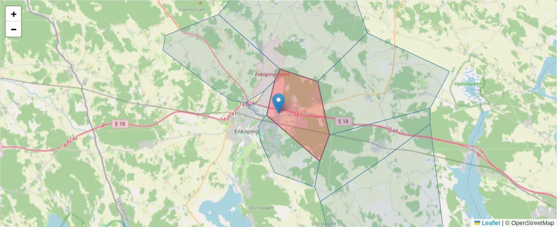 Karta över postnummerområdet  och angränsande postnummer i Sverige