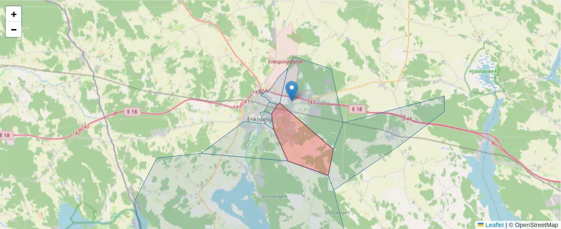 Karta över postnummerområdet  och angränsande postnummer i Sverige