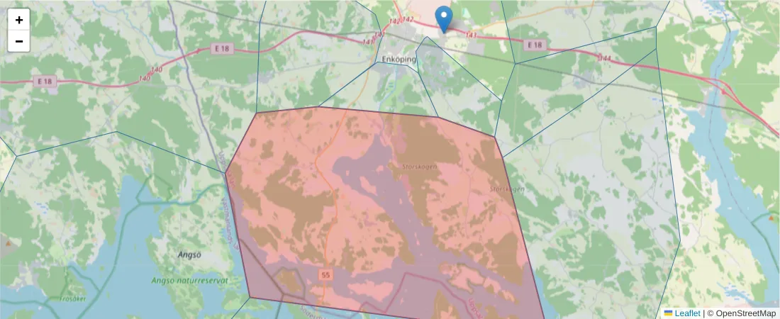 Karta över postnummerområdet  och angränsande postnummer i Sverige