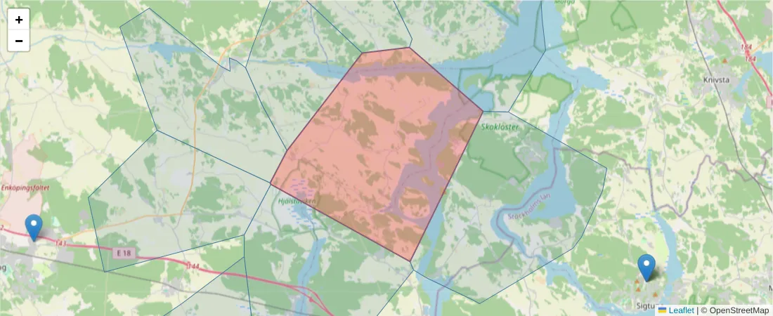 Karta över postnummerområdet  och angränsande postnummer i Sverige