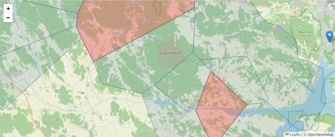 Karta över postnummerområdet  och angränsande postnummer i Sverige