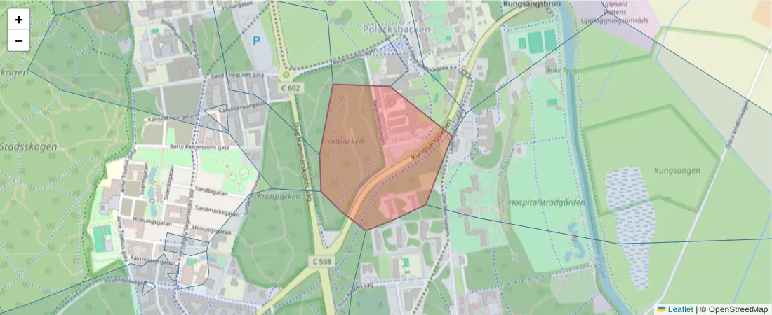 Karta över postnummerområdet  och angränsande postnummer i Sverige
