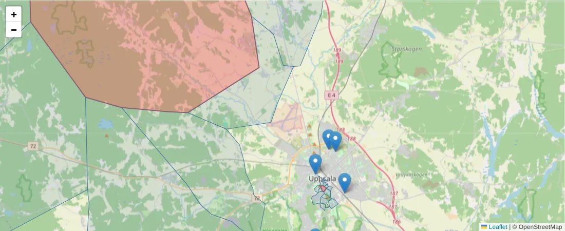 Karta över postnummerområdet  och angränsande postnummer i Sverige