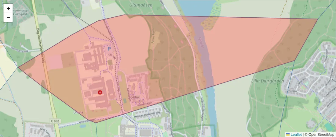 Karta över postnummerområdet  och angränsande postnummer i Sverige