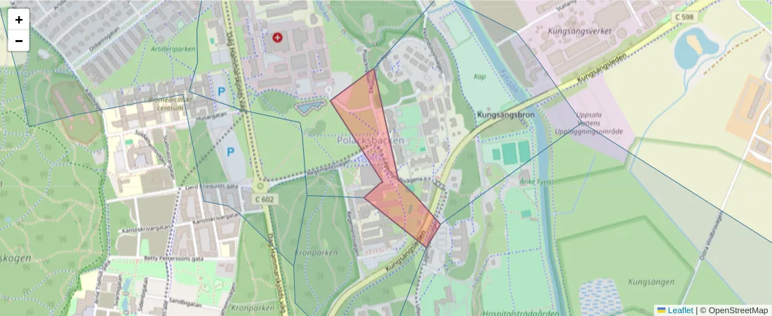 Karta över postnummerområdet  och angränsande postnummer i Sverige