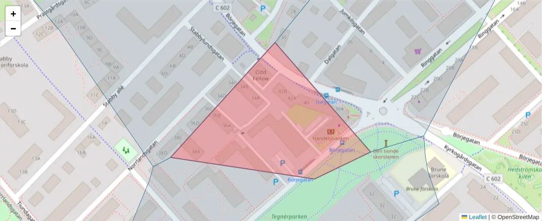 Karta över postnummerområdet  och angränsande postnummer i Sverige