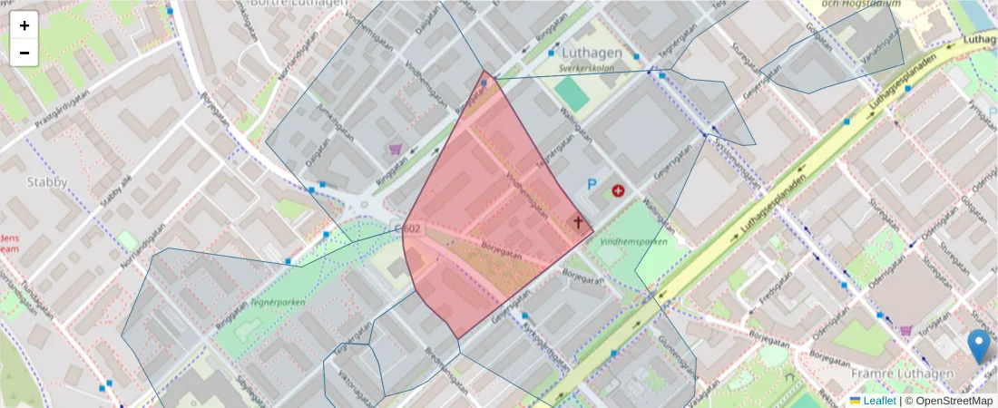 Karta över postnummerområdet  och angränsande postnummer i Sverige