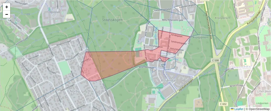 Karta över postnummerområdet  och angränsande postnummer i Sverige