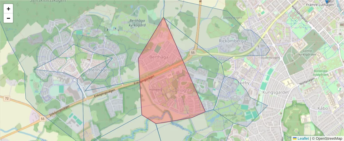 Karta över postnummerområdet  och angränsande postnummer i Sverige