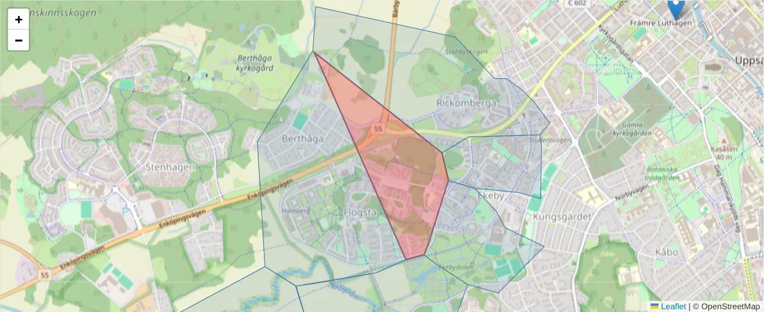 Karta över postnummerområdet  och angränsande postnummer i Sverige