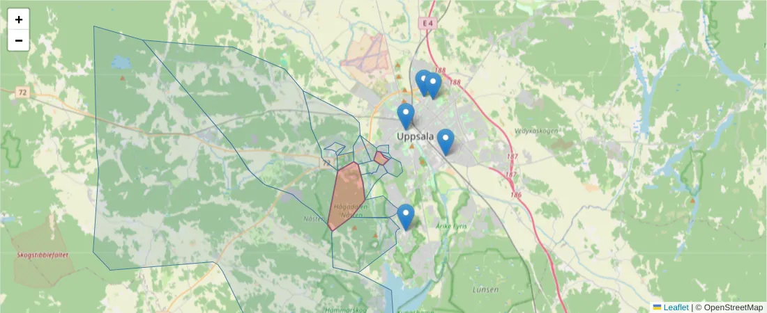 Karta över postnummerområdet  och angränsande postnummer i Sverige