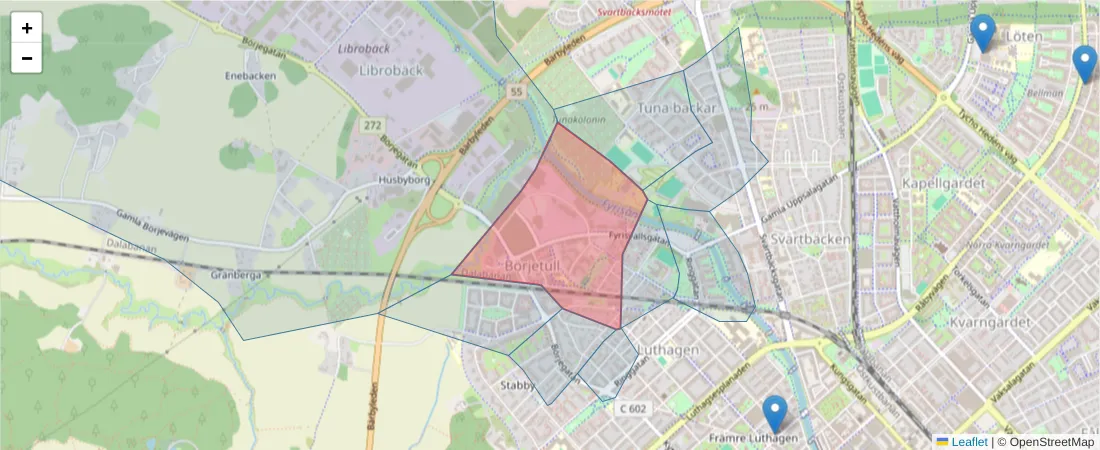 Karta över postnummerområdet  och angränsande postnummer i Sverige