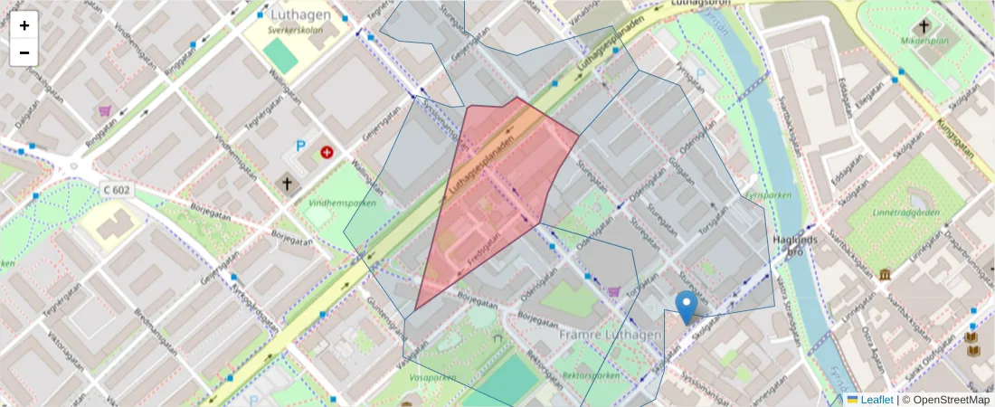 Karta över postnummerområdet  och angränsande postnummer i Sverige