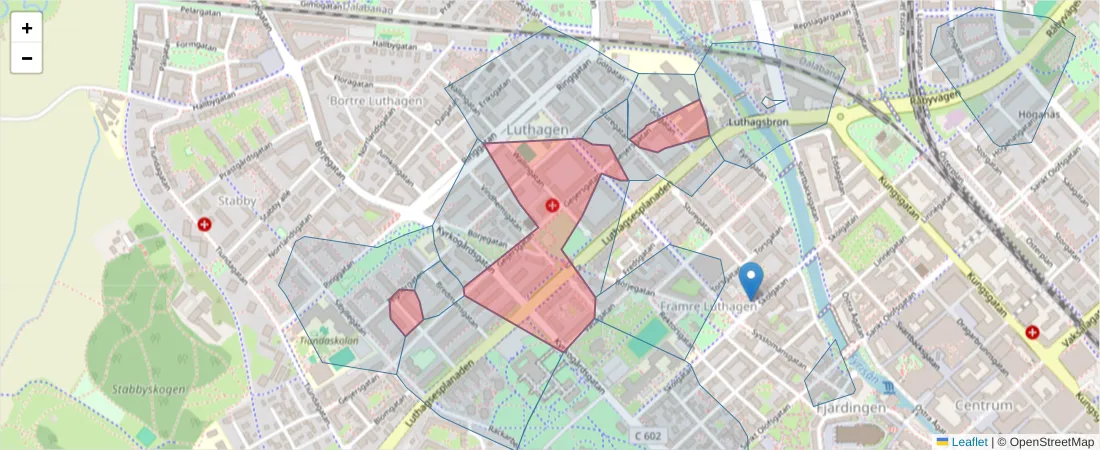 Karta över postnummerområdet  och angränsande postnummer i Sverige