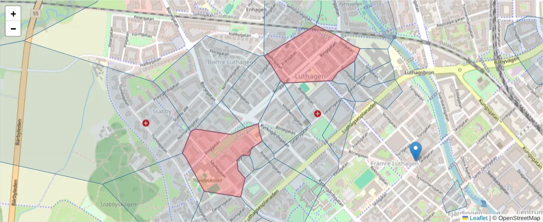 Karta över postnummerområdet  och angränsande postnummer i Sverige