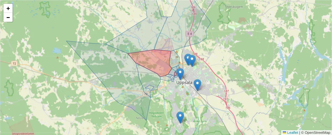 Karta över postnummerområdet  och angränsande postnummer i Sverige