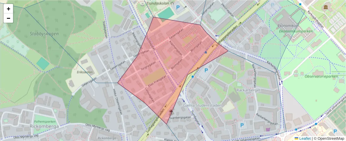 Karta över postnummerområdet  och angränsande postnummer i Sverige