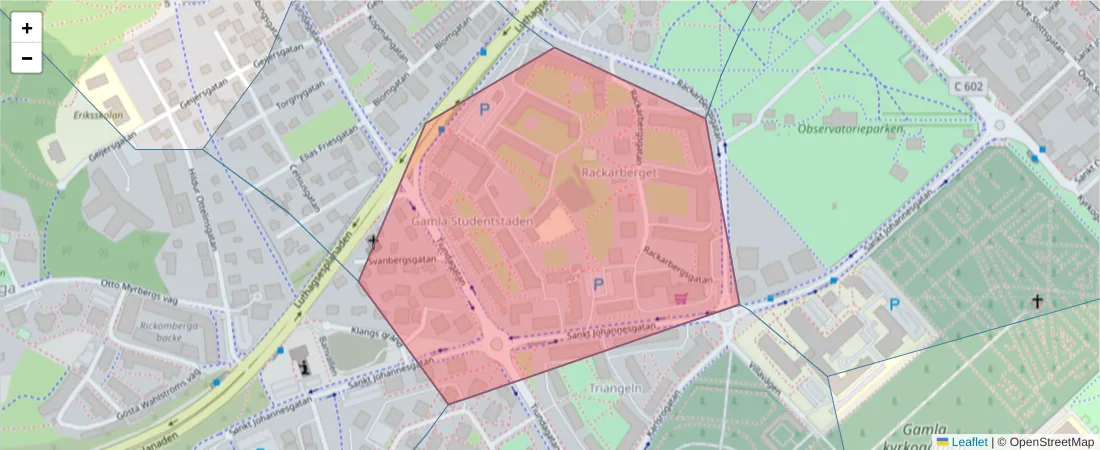 Karta över postnummerområdet  och angränsande postnummer i Sverige
