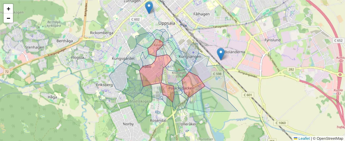 Karta över postnummerområdet  och angränsande postnummer i Sverige