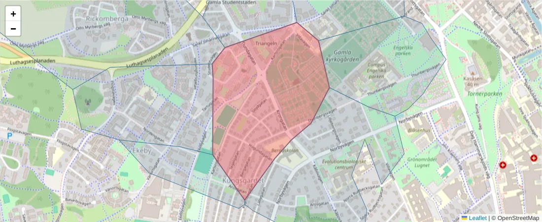 Karta över postnummerområdet  och angränsande postnummer i Sverige