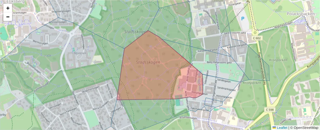 Karta över postnummerområdet  och angränsande postnummer i Sverige