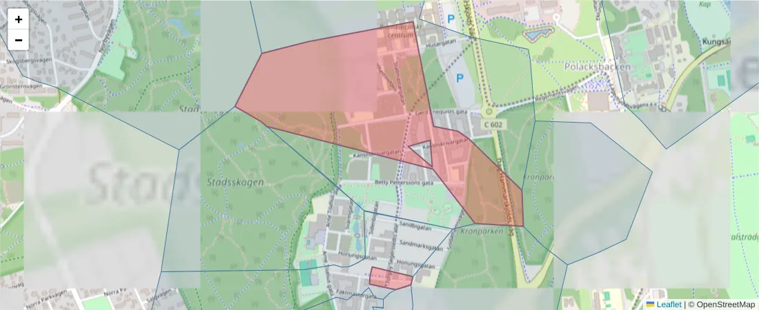 Karta över postnummerområdet  och angränsande postnummer i Sverige