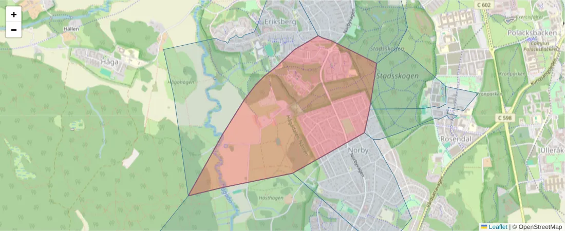 Karta över postnummerområdet  och angränsande postnummer i Sverige