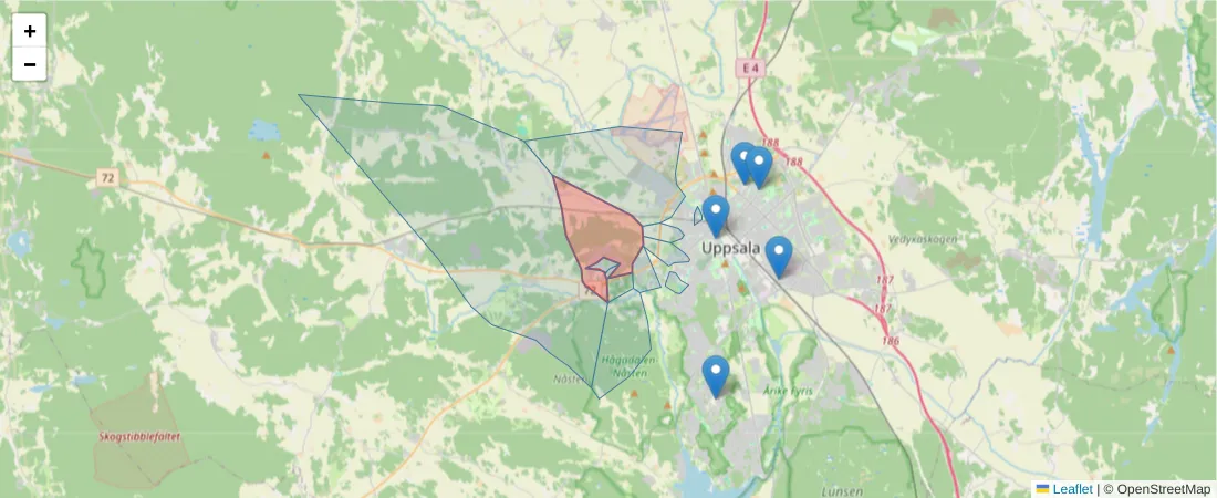 Karta över postnummerområdet  och angränsande postnummer i Sverige
