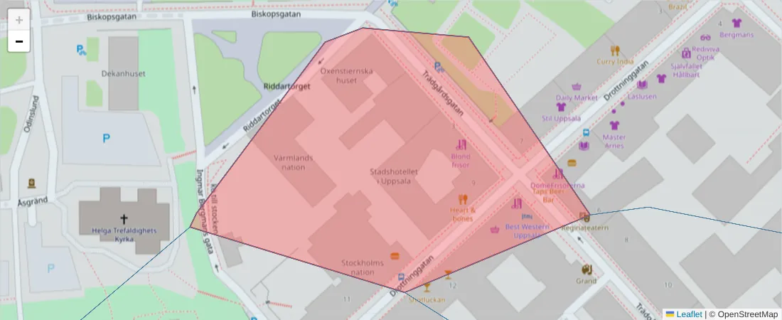 Karta över postnummerområdet  och angränsande postnummer i Sverige